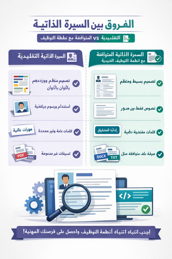 إنفوجرافيك يقارن بين سيرة ذاتية تقليدية مزدحمة بالألوان والصور وكلمات عامة، وسيرة ذاتية بسيطة ومنظمة تحتوي على كلمات مفتاحية وملف متوافق مع أنظمة تتبع المتقدمين (ATS).