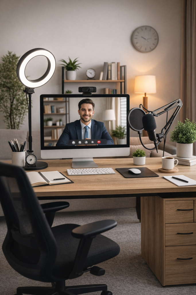 مكتب منزلي منظم يحتوي على جهاز كمبيوتر بكاميرا ويب، إضاءة دائرية، ميكروفون احترافي، وخلفية مرتبة مع نباتات وإضاءة دافئة، مخصص لإجراء مقابلة عمل عبر الإنترنت.
