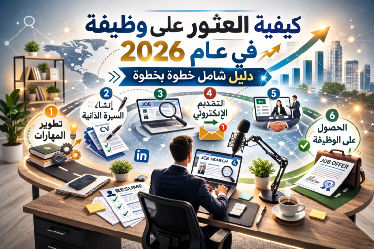 إنفوجرافيك عربي يوضح خطوات البحث عن وظيفة في عام 2026، يتضمن تطوير المهارات، إنشاء سيرة ذاتية متوافقة مع ATS، استخدام المنصات الذكية، بناء شبكة علاقات، والاستعداد للمقابلات.
