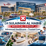 واجهة مستشفى سليمان الحبيب مع أطباء وتقنيات طبية حديثة تمثل الرعاية الصحية المتقدمة في السعودية والإمارات والبحرين