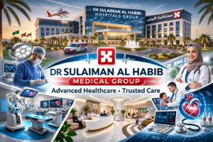 واجهة مستشفى سليمان الحبيب مع أطباء وتقنيات طبية حديثة تمثل الرعاية الصحية المتقدمة في السعودية والإمارات والبحرين