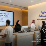 موظفون سعوديون بزي رسمي داخل فرع حديث لمصرف الراجحي يقدمون خدمات بنكية لعملاء، مع شاشات توضح مسارات العمل الإدارية والتقنية والمالية.