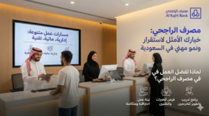 موظفون سعوديون بزي رسمي داخل فرع حديث لمصرف الراجحي يقدمون خدمات بنكية لعملاء، مع شاشات توضح مسارات العمل الإدارية والتقنية والمالية.
