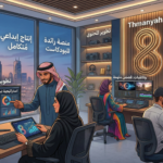 صورة لفرع حديث لشركة ثمانية (Thmanyah) في السعودية، تظهر موظفين وموظفات سعوديين بزي رسمي يشاركون في عمليات إنتاج محتوى رقمي، بما في ذلك تسجيل البودكاست وتعديل الفيديو، مع شاشات تعرض شعارات وأقسام الشركة.