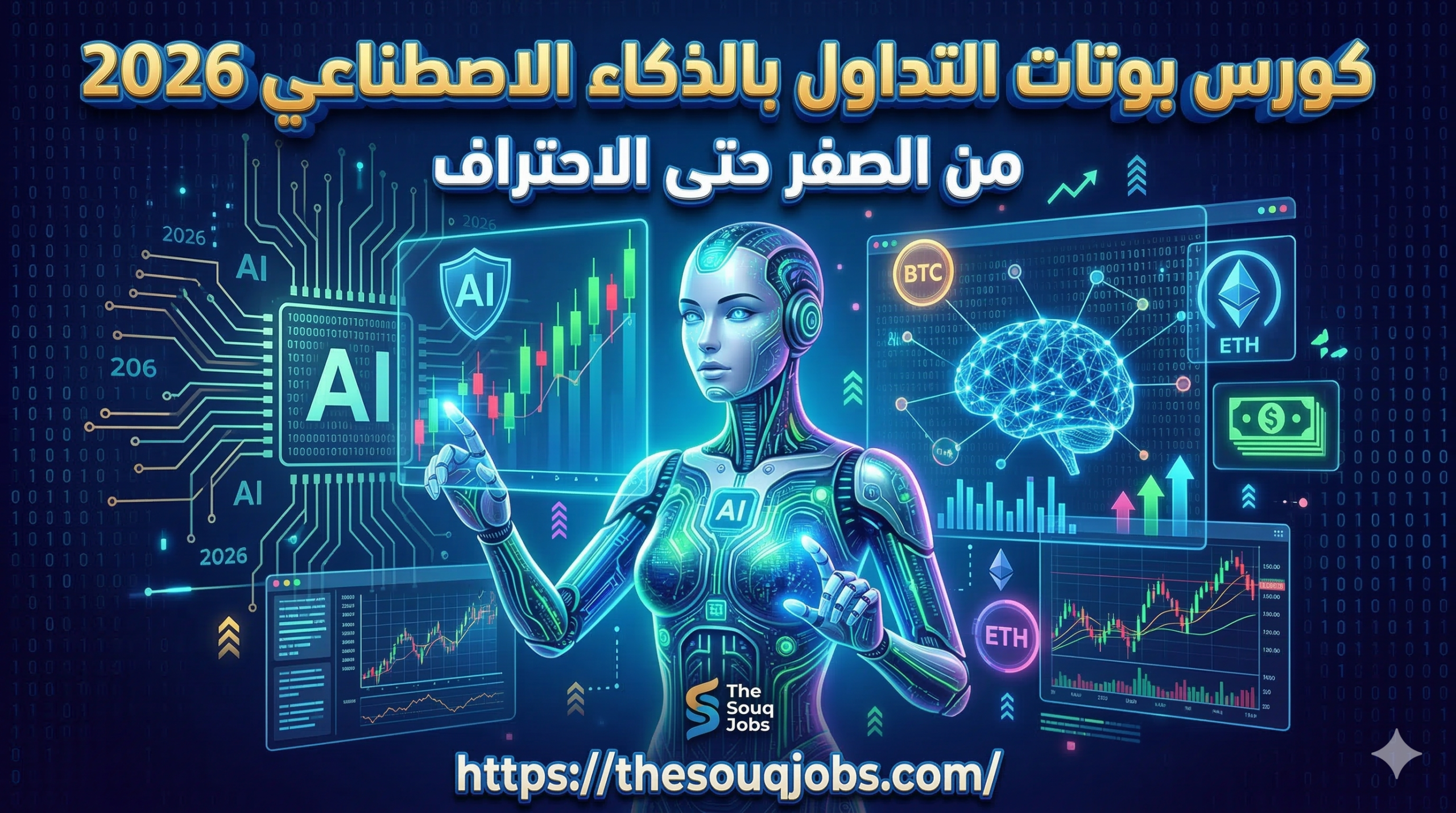 صورة بارزة لكورس تعليم بوتات التداول بالذكاء الاصطناعي مع رسوم بيانية تقنية وروبوت متطور - موقع thesouqjobs.com