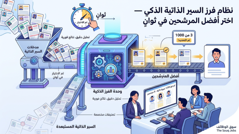 "رسم توضيحي لنظام ذكي يقوم بفرز آلاف السير الذاتية آلياً لاستخراج أفضل المرشحين في ثوانٍ - منصة سوق الوظائف The Souq Jobs"
