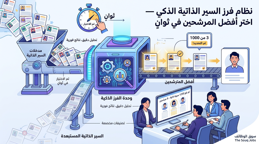 "رسم توضيحي لنظام ذكي يقوم بفرز آلاف السير الذاتية آلياً لاستخراج أفضل المرشحين في ثوانٍ - منصة سوق الوظائف The Souq Jobs"