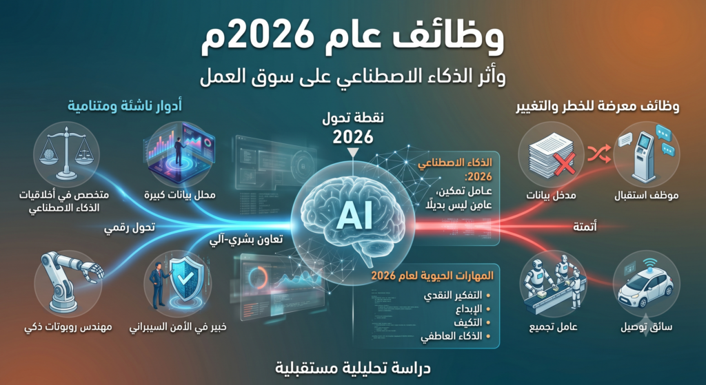 انفوجرافيك تحليلي يوضح أثر الذكاء الاصطناعي على وظائف عام 2026م، والمهارات المطلوبة مثل التفكير النقدي والإبداع، والوظائف الناشئة مقابل المهن المهددة بالأتمتة.
