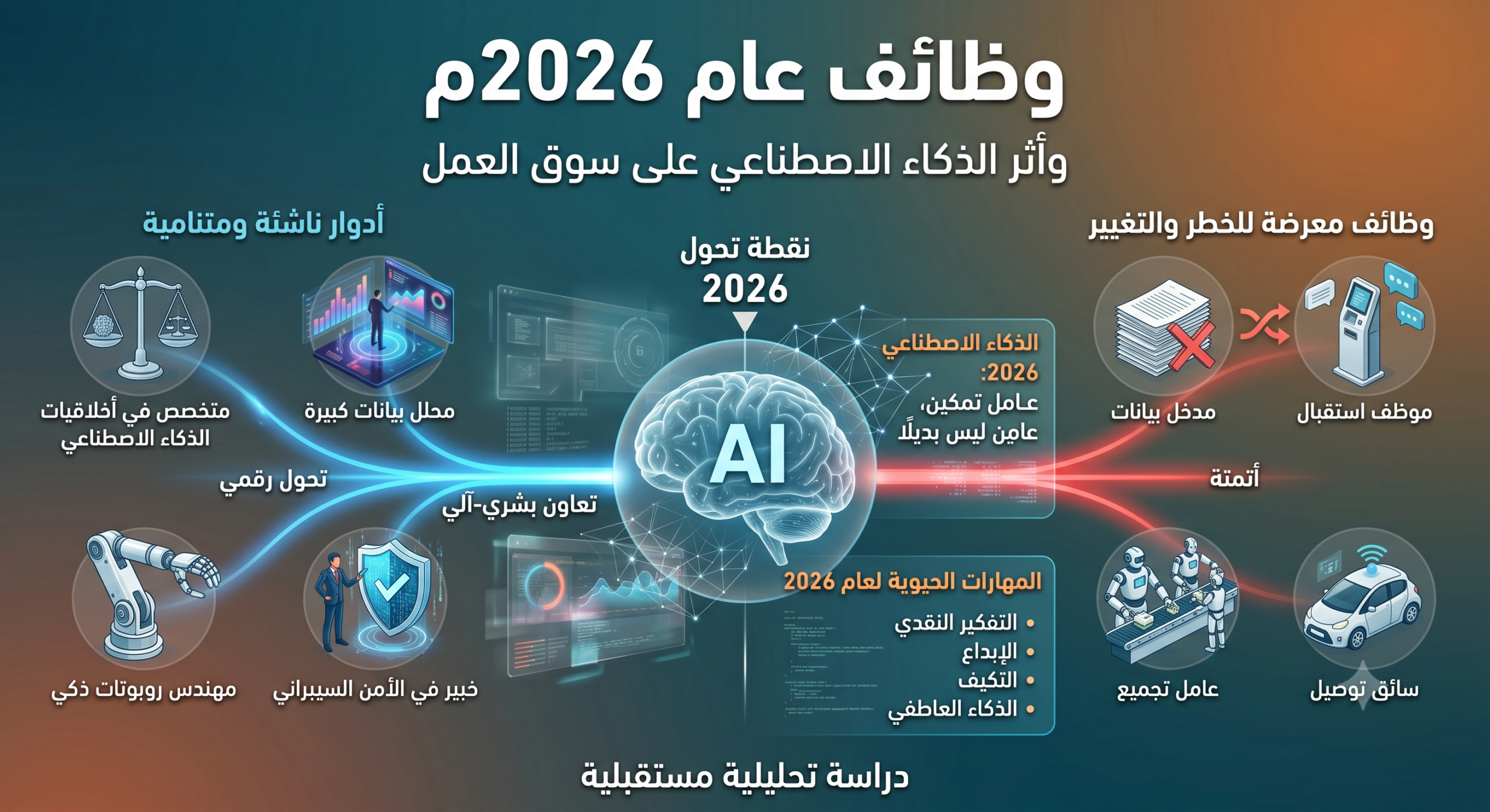 انفوجرافيك تحليلي يوضح أثر الذكاء الاصطناعي على وظائف عام 2026م، والمهارات المطلوبة مثل التفكير النقدي والإبداع، والوظائف الناشئة مقابل المهن المهددة بالأتمتة.