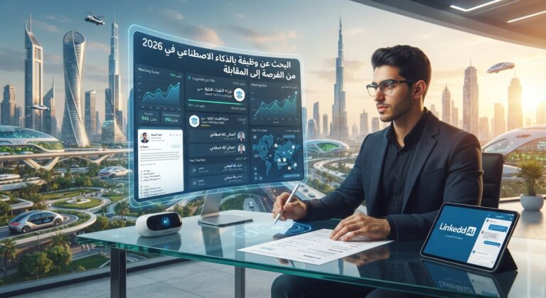 صورة رقمية إيضاحية مستقبلية لرجل أعمال شاب من أصل عربي في منتصف العشرينات، يرتدي نظارة وبدلة حديثة، يجلس في مكتب عمل متطور داخل مساحة عمل مشتركة ذات إطلالة بانورامية على مدينة دبي المستقبلية. المدينة مليئة بناطحات السحاب الأيقونية (مثل برج خليفة)، ومساحات خضراء، ومركبات ذاتية القيادة وسيارات طائرة عند غروب الشمس. يركز الشاب باهتمام على شاشة عرض ثلاثية الأبعاد عائمة وشفافة. الشاشة تعرض لوحة تحكم ذكية (Dashboard) بعنوان رئيسي باللغة العربية: "البحث عن وظيفة بالذكاء الاصطناعي في 2026" وتحتها عبارة "من الفرصة إلى المقابلة". وتظهر على الشاشة رسوم بيانية ديناميكية، ونسب مئوية للتوافق مع الوظائف (مثل "تطابق 94%"), وملفات تعريف لشركات (مثل "شركة التقنيات الذكية - دبي"), ومسميات وظيفية مقترحة (مثل "أخصائي ذكاء اصطناعي"). يستخدم الشاب قلماً ذكياً ولوحة لمس تفاعلية على مكتبه الزجاجي الشفاف للتحكم في الواجهة. على المكتب يوجد جهاز مساعد ذكي صغير، وجهاز لوحي يعرض شعار "LinkedIn AI" وواجهة محادثة. تعابير وجه الشاب توحي بالتركيز والتفاؤل. الأجواء العامة تكنولوجية، ديناميكية، وملهمة. النص العربي على الشاشة واضح ومقروء.